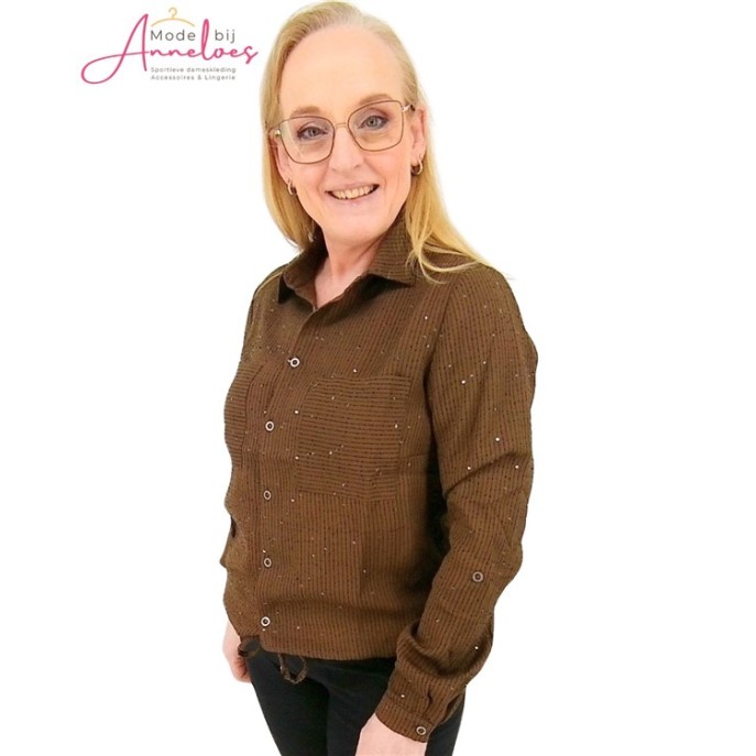 Enjoy Blouse streep glitter Donker bruin